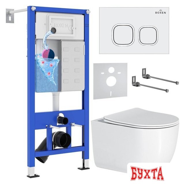 Унитаз подвесной Roxen Vortex Tornado в комплекте с инсталляцией StounFix Dual Fresh 6 в 1 964425 (кнопка: белый глянец)