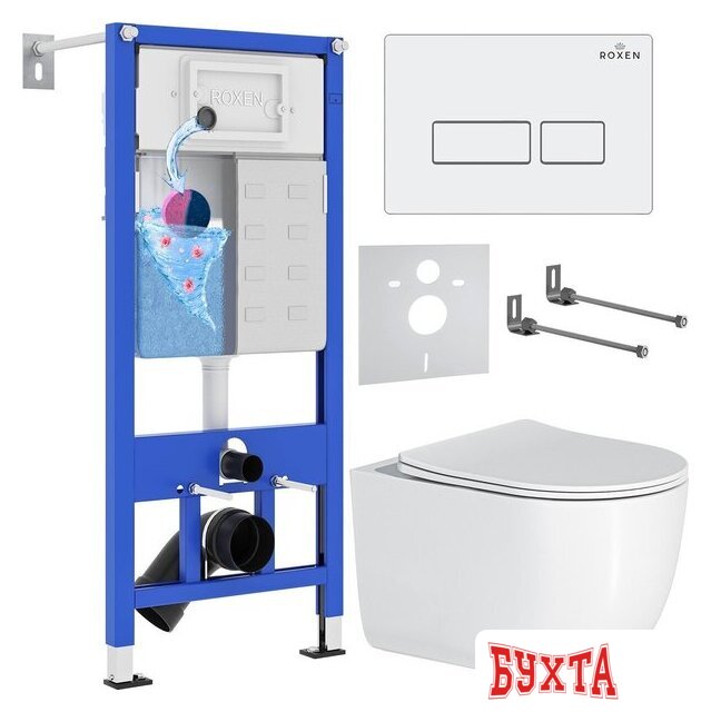 Унитаз подвесной Roxen Vortex Tornado в комплекте с инсталляцией StounFix Dual Fresh 6 в 1 964480 (кнопка: белый глянец) 1