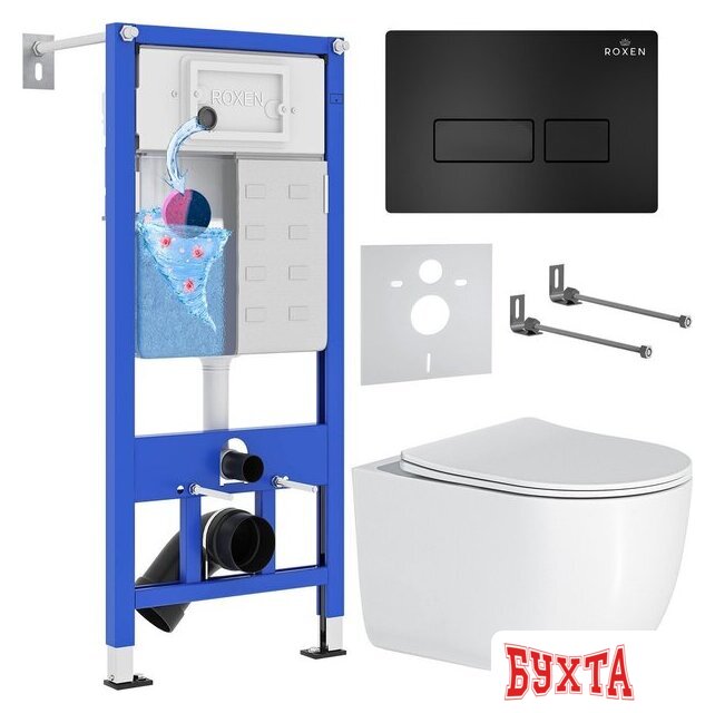 Унитаз подвесной Roxen Vortex Tornado в комплекте с инсталляцией StounFix Dual Fresh 6 в 1 964498 (кнопка: черный матовый)