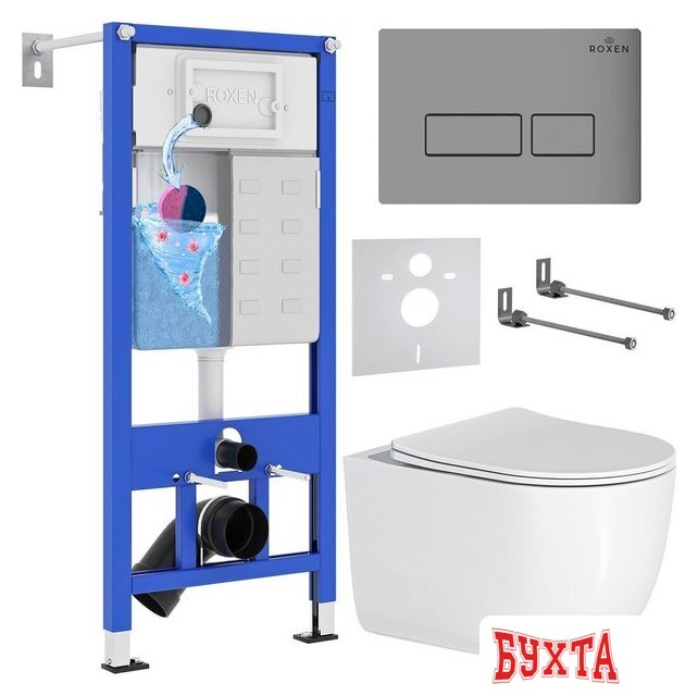 Унитаз подвесной Roxen Vortex Tornado в комплекте с инсталляцией StounFix Dual Fresh 6 в 1 964538 (кнопка: хром матовый)