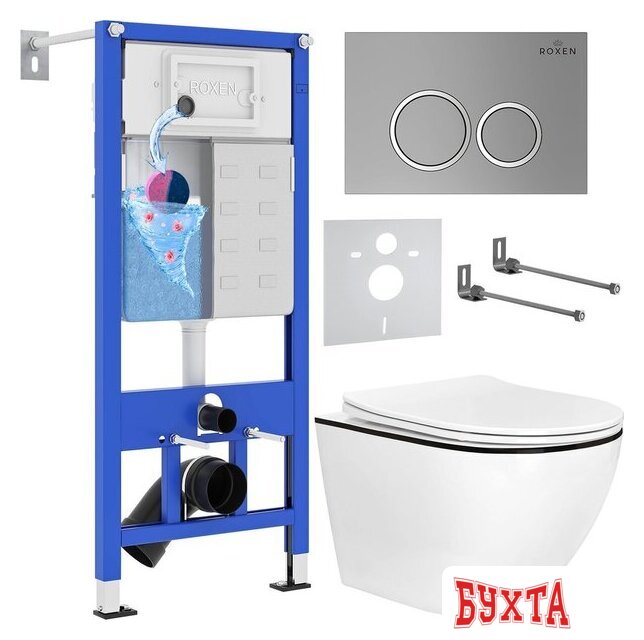 Унитаз подвесной Roxen Antares Black в комплекте с инсталляцией StounFix Dual Fresh 6 в 1 964670 (кнопка: хром матовый)