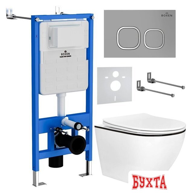 Унитаз подвесной Roxen Antares Black в комплекте с инсталляцией StounFix Dual Fresh 6 в 1 964715 (кнопка: хром матовый)