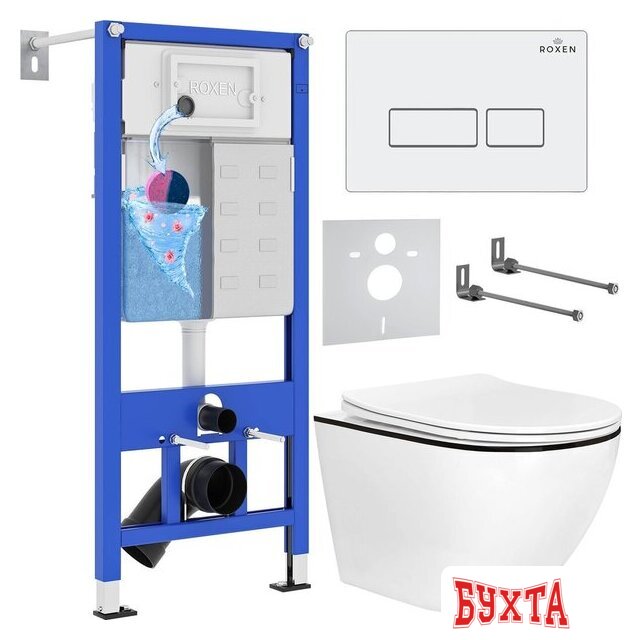 Унитаз подвесной Roxen Antares Black в комплекте с инсталляцией StounFix Dual Fresh 6 в 1 964744 (кнопка: белый глянец)