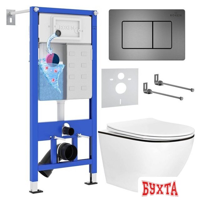 Унитаз подвесной Roxen Antares Black в комплекте с инсталляцией StounFix Dual Fresh 6 в 1 964862 (кнопка: оружейная сталь) 2