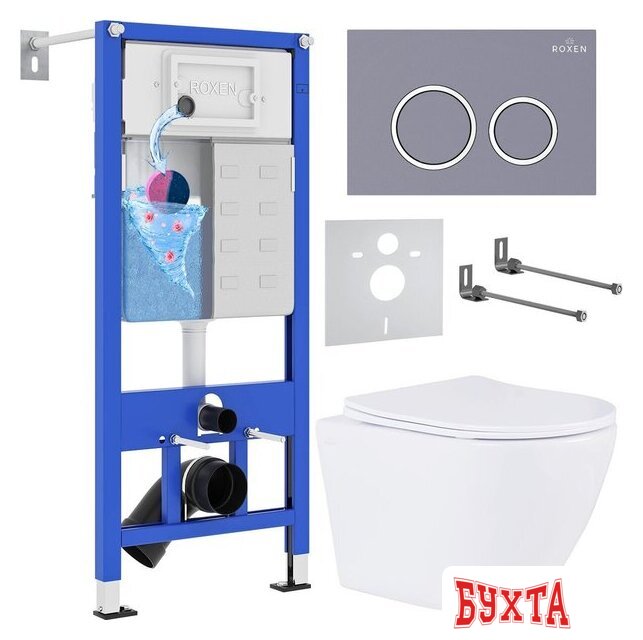 Унитаз подвесной Roxen Antares 530185-01 в комплекте с инсталляцией StounFix Dual Fresh 6 в 1 966051 (кнопка: серый бетон) 1