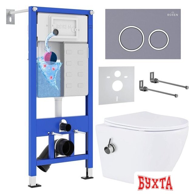 Унитаз подвесной Roxen Antares Bidet в комплекте с инсталляцией StounFix Dual Fresh 6 в 1 966135 (кнопка: серый бетон)