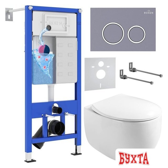 Унитаз подвесной Roxen Egg в комплекте с инсталляцией StounFix Dual Fresh 6 в 1 966160 (кнопка: серый бетон) 2