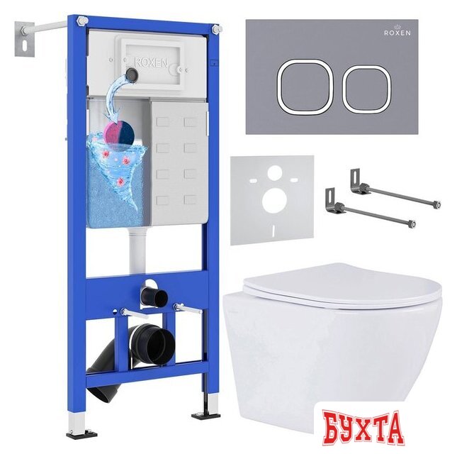 Унитаз подвесной Roxen Antares 530185-01 в комплекте с инсталляцией StounFix Dual Fresh 6 в 1 966332 (кнопка: серый бетон) 1