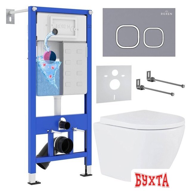 Унитаз подвесной Roxen Antares 530185-02 в комплекте с инсталляцией StounFix Dual Fresh 6 в 1 966352 (кнопка: серый бетон)