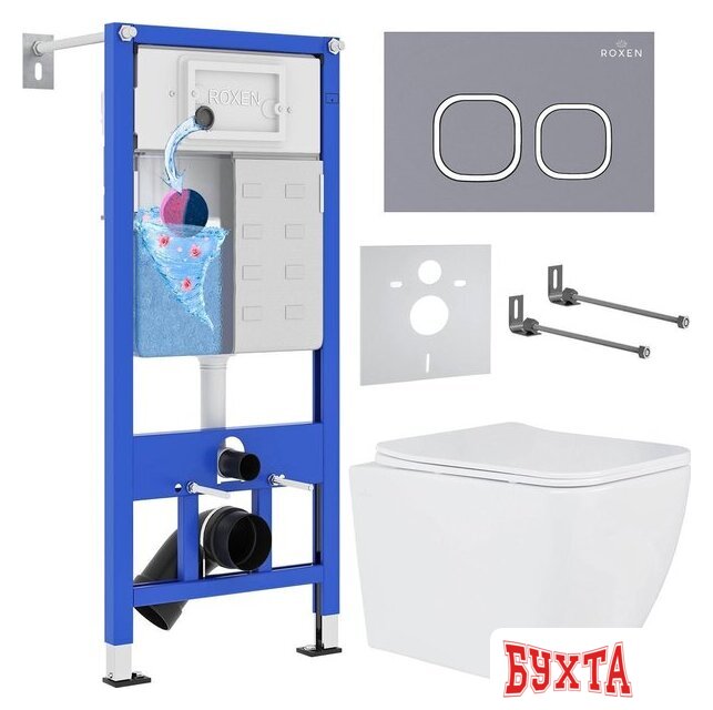 Унитаз подвесной Roxen Cube в комплекте с инсталляцией StounFix Dual Fresh 6 в 1 966383 (кнопка: серый бетон)