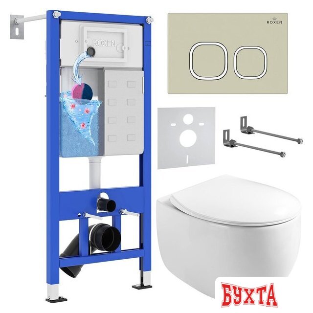 Унитаз подвесной Roxen Egg в комплекте с инсталляцией StounFix Dual Fresh 6 в 1 966619 (кнопка: бежевый) 1