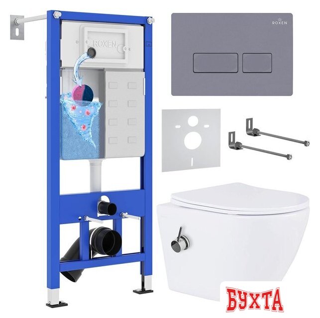 Унитаз подвесной Roxen Antares Bidet в комплекте с инсталляцией StounFix Dual Fresh 6 в 1 966821 (кнопка: серый гранит)