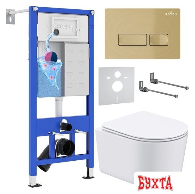 Унитаз подвесной Roxen Simple compact в комплекте с инсталляцией StounFix Dual Fresh 6 в 1 968084 (кнопка: брашированное золото)