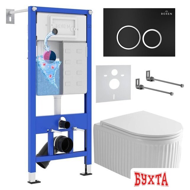 Унитаз подвесной Roxen Royal Matt в комплекте с инсталляцией StounFix Dual Fresh 6 в 1 968231 (кнопка: черный)
