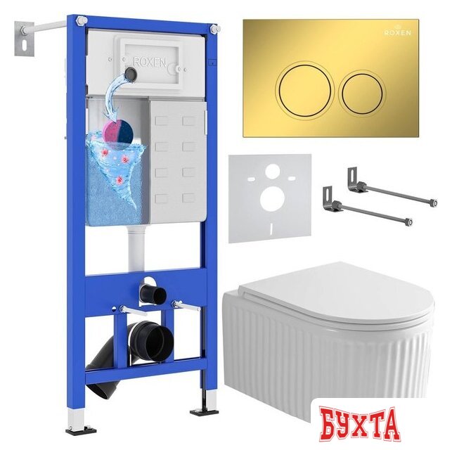 Унитаз подвесной Roxen Royal Matt в комплекте с инсталляцией StounFix Dual Fresh 6 в 1 968254 (кнопка: золото)