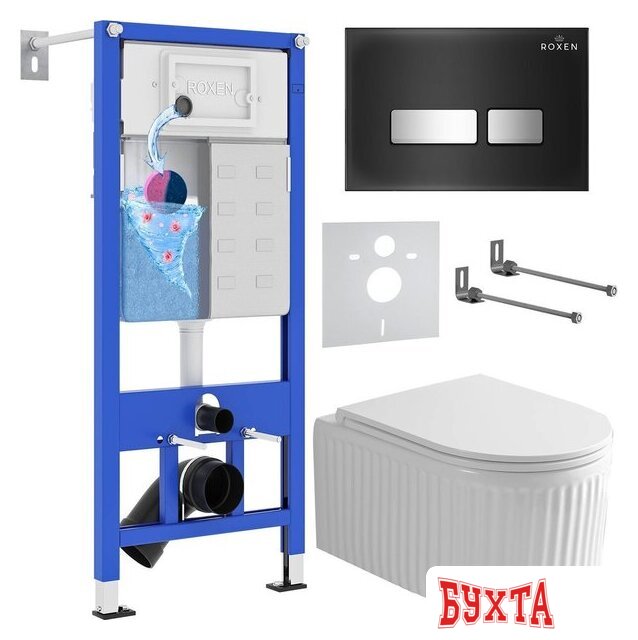 Унитаз подвесной Roxen Royal Matt в комплекте с инсталляцией StounFix Dual Fresh 6 в 1 968297 (кнопка: черный/хром)