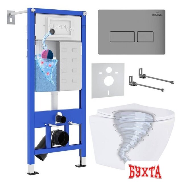 Унитаз подвесной Roxen Antares Tornado в комплекте с инсталляцией StounFix Dual Fresh 6 в 1 968322 (кнопка: хром матовый)