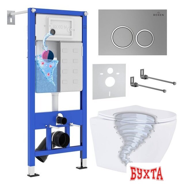 Унитаз подвесной Roxen Antares Tornado в комплекте с инсталляцией StounFix Dual Fresh 6 в 1 968345 (кнопка: хром матовый)
