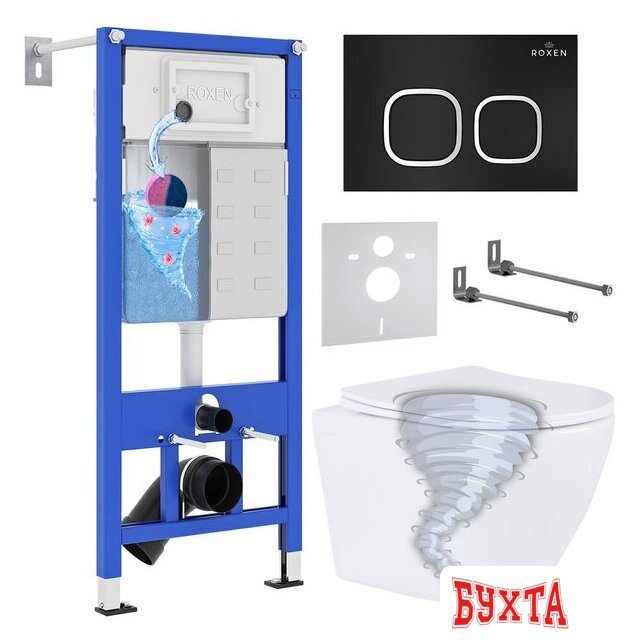 Унитаз подвесной Roxen Antares Tornado в комплекте с инсталляцией StounFix Dual Fresh 6 в 1 968377 (кнопка: черный матовый)