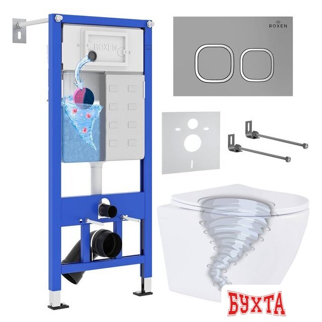Унитаз подвесной Roxen Antares Tornado в комплекте с инсталляцией StounFix Dual Fresh 6 в 1 968387 (кнопка: хром матовый)