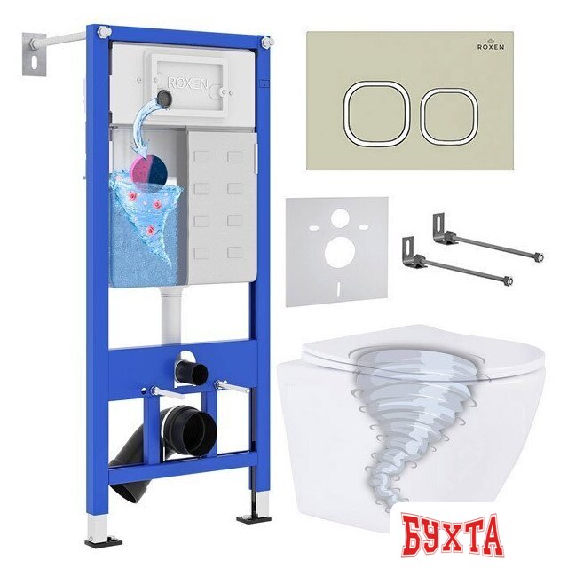 Унитаз подвесной Roxen Antares Tornado в комплекте с инсталляцией StounFix Dual Fresh 6 в 1 968388 (кнопка: пастель бежевый)