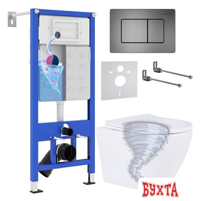 Унитаз подвесной Roxen Antares Tornado в комплекте с инсталляцией StounFix Dual Fresh 6 в 1 968391 (кнопка: оружейная сталь)