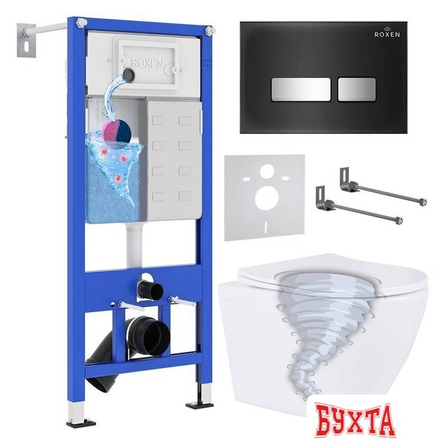 Унитаз подвесной Roxen Antares Tornado в комплекте с инсталляцией StounFix Dual Fresh 6 в 1 968397 (кнопка: черный глянцевый)
