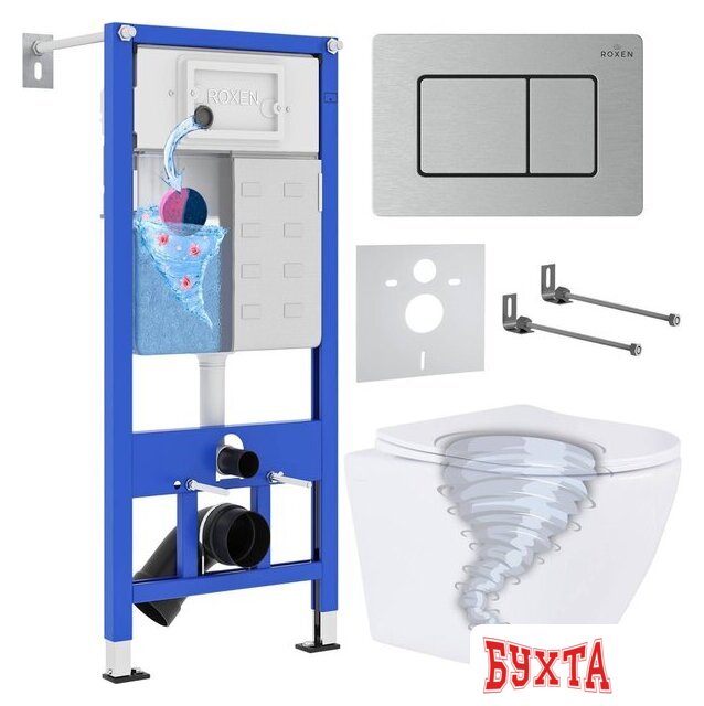 Унитаз подвесной Roxen Antares Tornado в комплекте с инсталляцией StounFix Dual Fresh 6 в 1 968430 (кнопка: сатин) 1