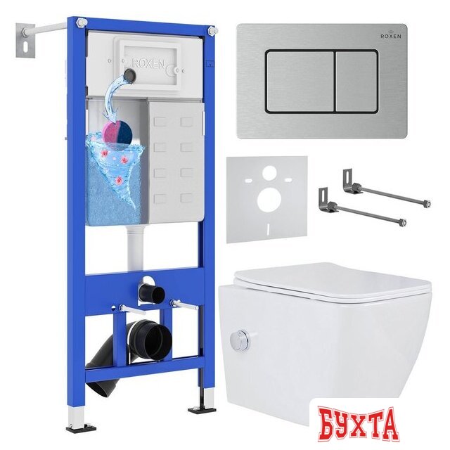 Унитаз подвесной Roxen Cube bidet в комплекте с инсталляцией StounFix Dual Fresh 6 в 1 968439 (кнопка: сатин) 1