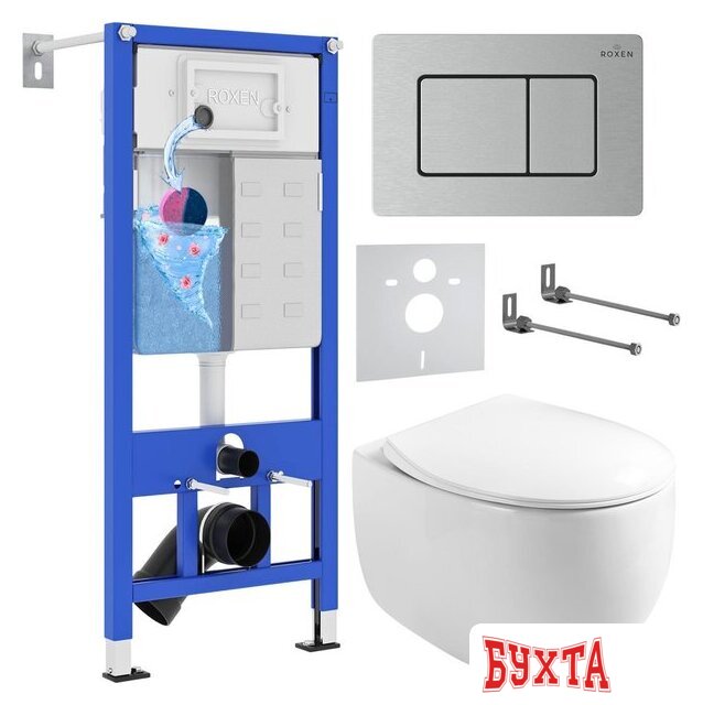 Унитаз подвесной Roxen Egg в комплекте с инсталляцией StounFix Dual Fresh 6 в 1 968442 (кнопка: сатин) 1