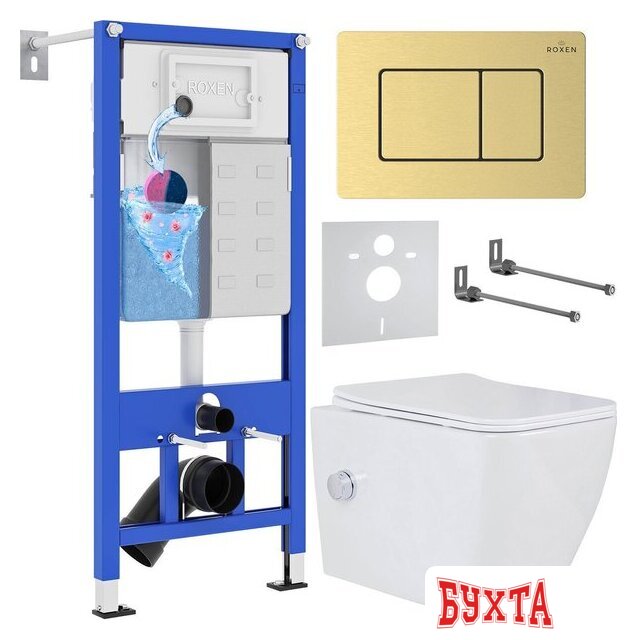 Унитаз подвесной Roxen Cube bidet в комплекте с инсталляцией StounFix Dual Fresh 6 в 1 968472 (кнопка: брашированное золото)