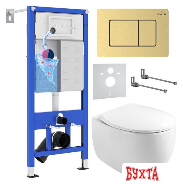 Унитаз подвесной Roxen Egg в комплекте с инсталляцией StounFix Dual Fresh 6 в 1 968475 (кнопка: брашированное золото)
