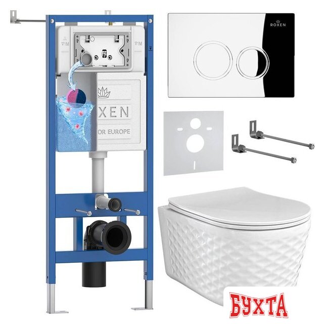 Унитаз подвесной Roxen Vine Tornado в комплекте с инсталляцией StounFix Dual Fresh 6 в 1 979009 (кнопка: хром глянцевый)