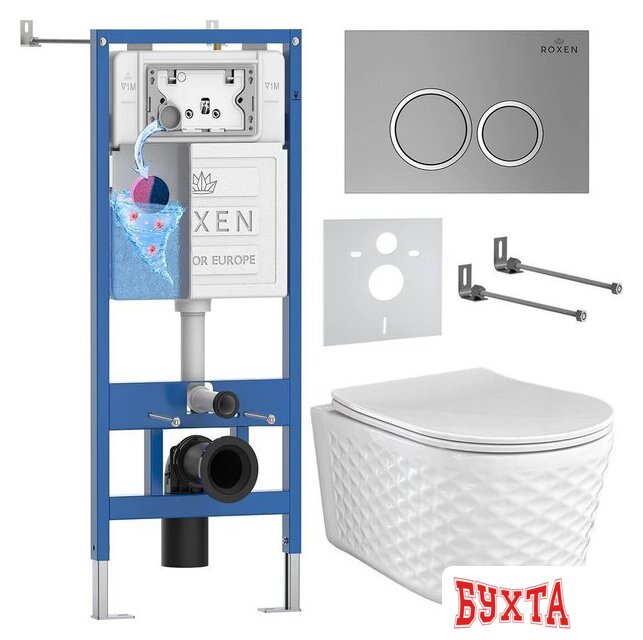 Унитаз подвесной Roxen Vine Tornado в комплекте с инсталляцией StounFix Dual Fresh 6 в 1 979010 (кнопка: хром матовый)