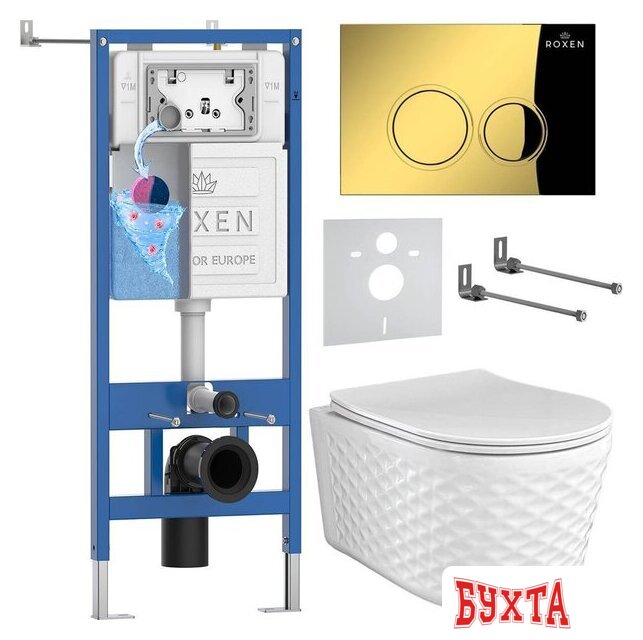 Унитаз подвесной Roxen Vine Tornado в комплекте с инсталляцией StounFix Dual Fresh 6 в 1 979013 (кнопка: золото глянцевое)