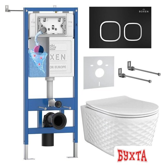 Унитаз подвесной Roxen Vine Tornado в комплекте с инсталляцией StounFix Dual Fresh 6 в 1 979015 (кнопка: черный матовый)