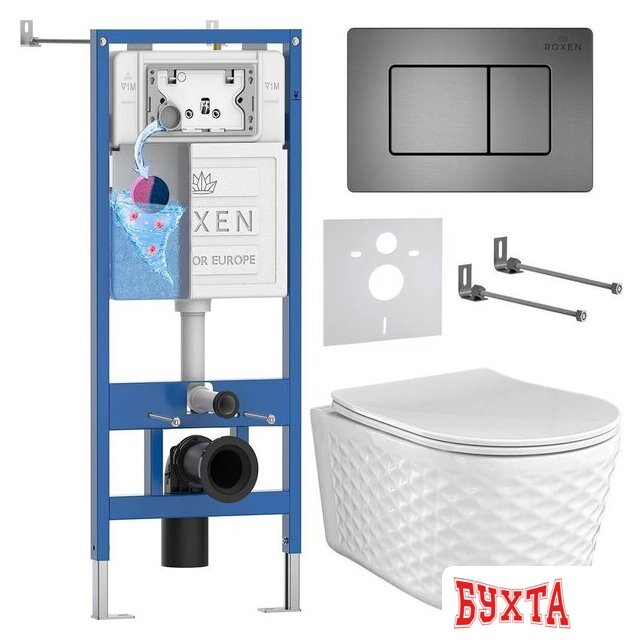 Унитаз подвесной Roxen Vine Tornado в комплекте с инсталляцией StounFix Dual Fresh 6 в 1 979021 (кнопка: оружейная сталь/металл)