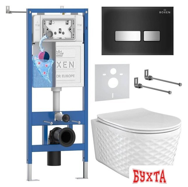 Унитаз подвесной Roxen Vine Tornado в комплекте с инсталляцией StounFix Dual Fresh 6 в 1 979025 (кнопка: черный глянцевый)