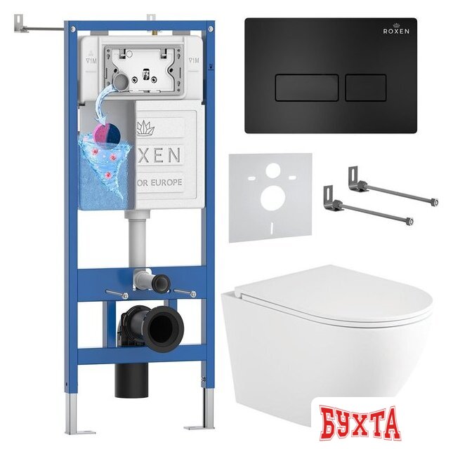 Унитаз подвесной Roxen Antares Tornado Long в комплекте с инсталляцией StounFix Dual Fresh 6 в 1 868413 (кнопка: черный матовая)