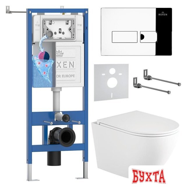 Унитаз подвесной Roxen Antares Tornado Long в комплекте с инсталляцией StounFix Dual Fresh 6 в 1 868414 (кнопка: хром глянцевый глянцевая)