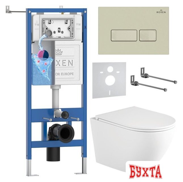Унитаз подвесной Roxen Antares Tornado Long в комплекте с инсталляцией StounFix Dual Fresh 6 в 1 868416 (кнопка: пастель бежевый матовая)