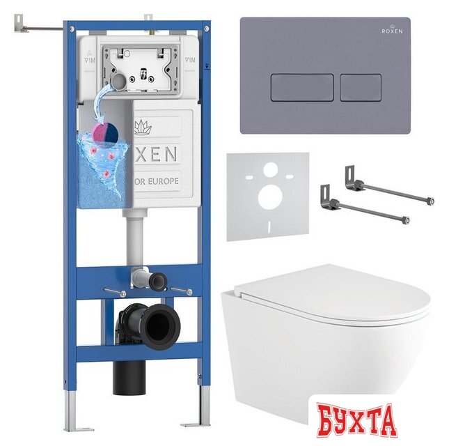 Унитаз подвесной Roxen Antares Tornado Long в комплекте с инсталляцией StounFix Dual Fresh 6 в 1 868417 (кнопка: серый бетон матовая)