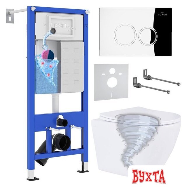 Унитаз подвесной Roxen Antares Tornado Long в комплекте с инсталляцией StounFix Dual Fresh 6 в 1 868426 (кнопка: хром глянцевый глянцевая)