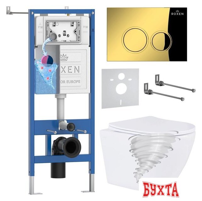 Унитаз подвесной Roxen Antares Tornado Long в комплекте с инсталляцией StounFix Dual Fresh 6 в 1 868431 (кнопка: золото глянцевая)