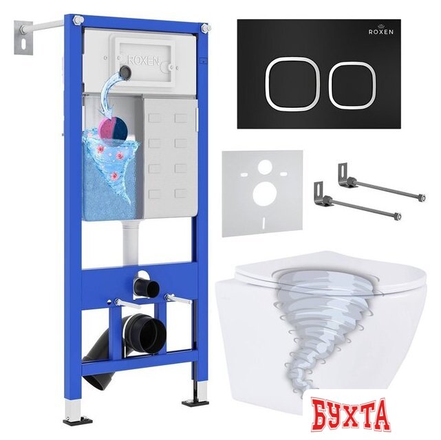 Унитаз подвесной Roxen Antares Tornado Long в комплекте с инсталляцией StounFix Dual Fresh 6 в 1 868433 (кнопка: черный матовая)