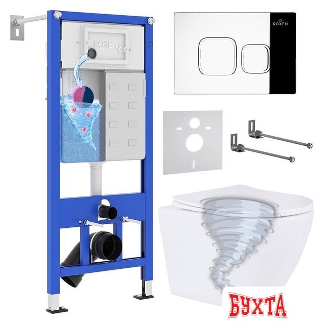 Унитаз подвесной Roxen Antares Tornado Long в комплекте с инсталляцией StounFix Dual Fresh 6 в 1 868434 (кнопка: хром глянцевый глянцевая)