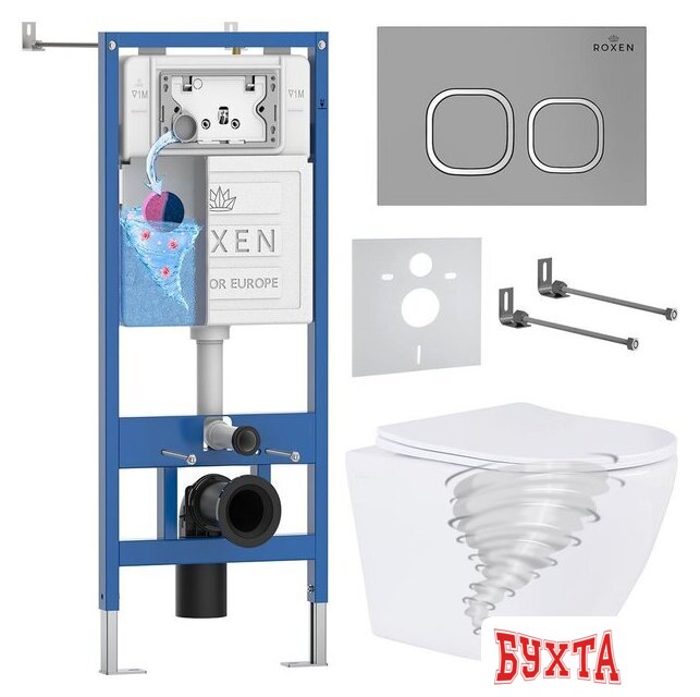 Унитаз подвесной Roxen Antares Tornado Long в комплекте с инсталляцией StounFix Dual Fresh 6 в 1 868435 (кнопка: хром матовый матовая)