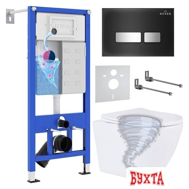 Унитаз подвесной Roxen Antares Tornado Long в комплекте с инсталляцией StounFix Dual Fresh 6 в 1 868448 (кнопка: черный/хром глянцевая)