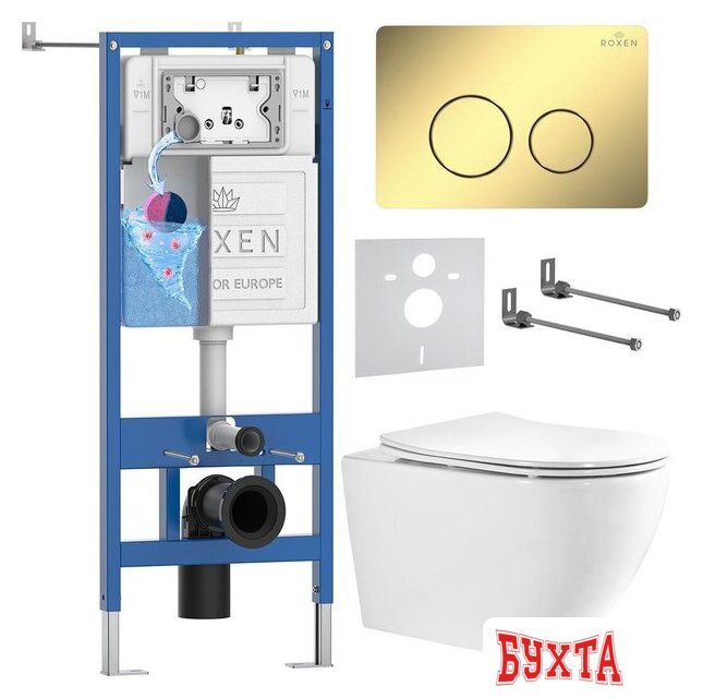 Унитаз подвесной Roxen Antares Tornado Long в комплекте с инсталляцией StounFix Dual Fresh 6 в 1 868449 (кнопка: золото глянцевая)