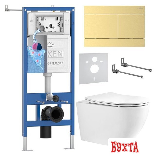 Унитаз подвесной Roxen Antares Tornado Long в комплекте с инсталляцией StounFix Dual Fresh 6 в 1 868465 (кнопка: брашированное золото матовая)